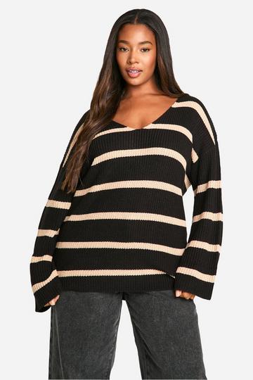 Plus Oversized Dikke Gestreepte Trui Met V-Hals black