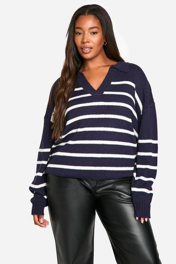 Plus Collared Stripe Jumper navy