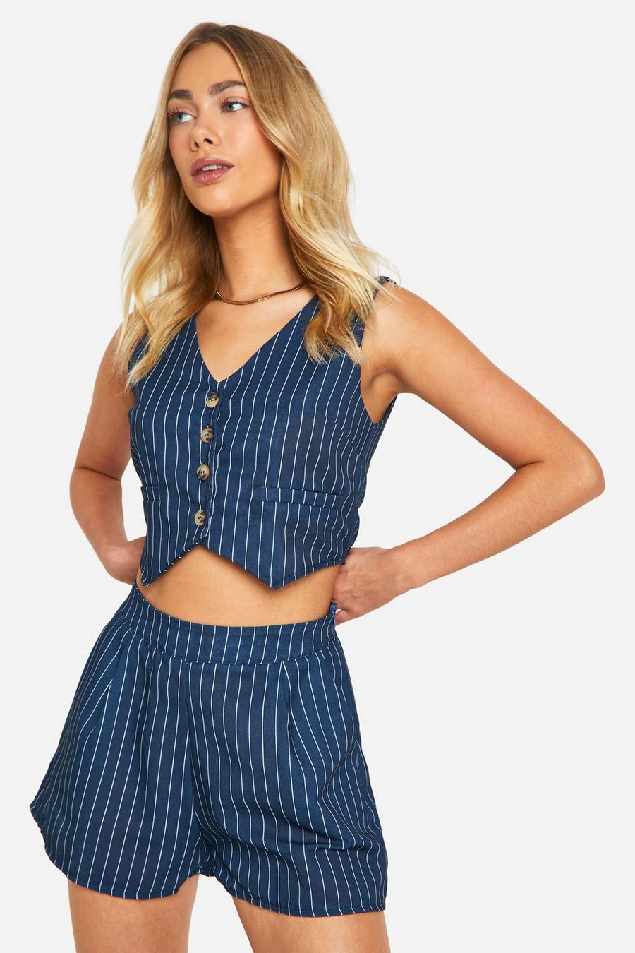 Navy Pinstripe Linen Look Vest & Relaxed Fit Shorts image number 1