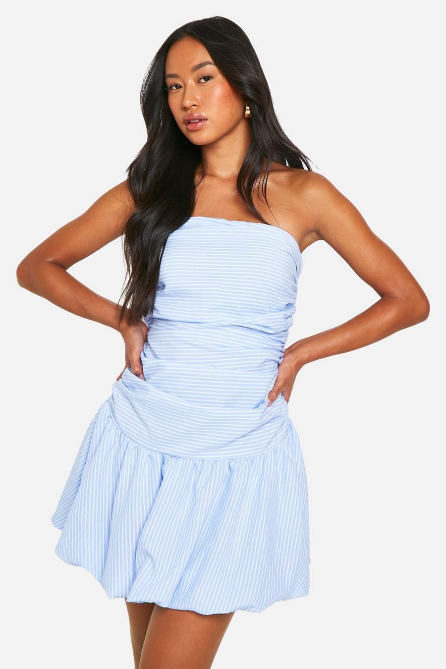 Blue Stripe Ruched Bandeau Open Back Mini Dress image number 1