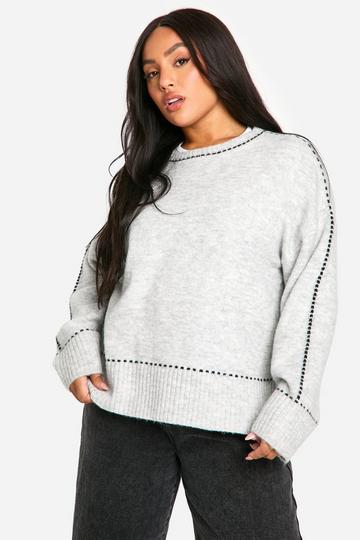 Plus Stitch Detail Soft Knit Oversized Crew Neck Jumper grey