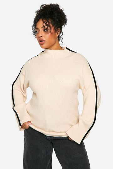 Cream White Plus Knitted Bindng Detail Crew Neck Oversized Jumper