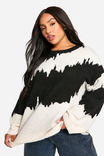 Black Plus Monochrome Abstract Stripe Oversized Jumper