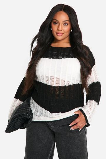 Plus Ladder Knit Stripe Oversized Sheer Jumper black