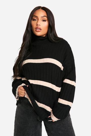 Plus Roll Neck Thick Rib Stripe Jumper black