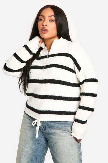 Plus Stripe Drawstring Zip Funnel Neck Jumper mono