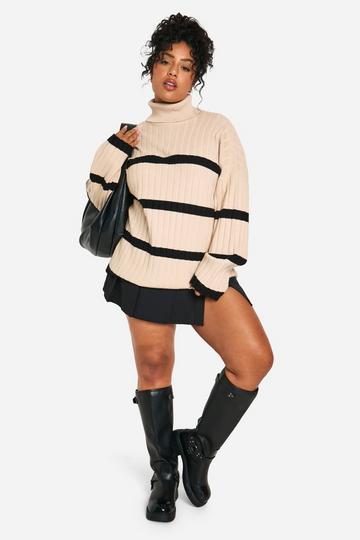 Plus Roll Neck Thick Rib Stripe Jumper camel