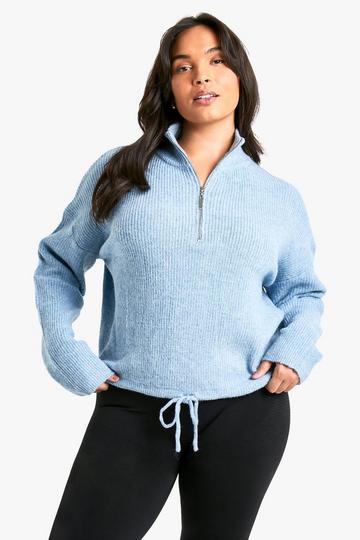 Plus Drawstring Zip Funnel Neck Sweater blue