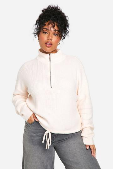 Plus Drawstring Zip Funnel Neck Sweater ecru