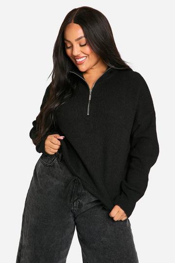 Plus Drawstring Zip Funnel Neck Jumper black