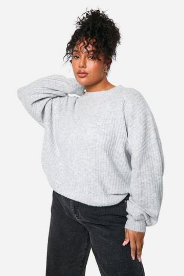 Plus Soft Rib Knit Balloon Sleeve Sweater grey