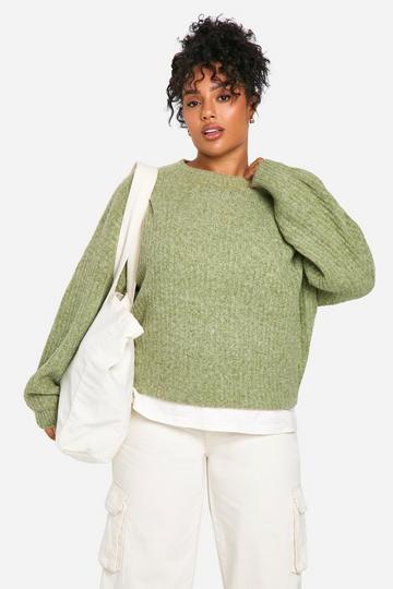 Plus Soft Rib Knit Balloon Sleeve Jumper khaki