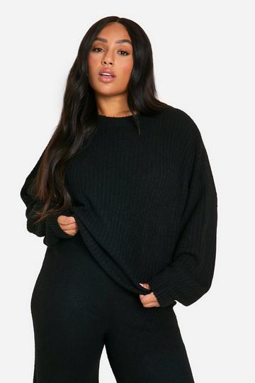 Plus Soft Rib Knit Balloon Sleeve Jumper black