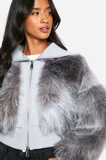 Petite Rib Detail Faux Fur Cropped Jacket natural