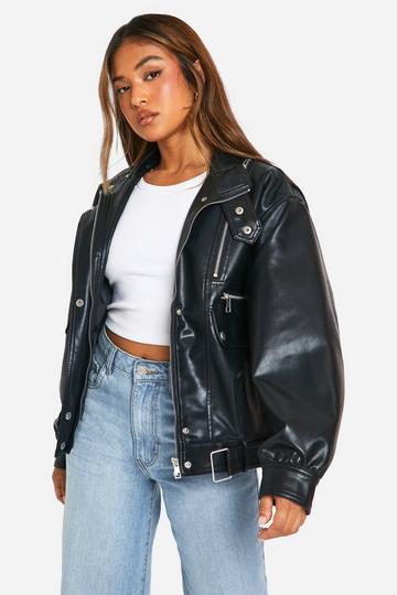 Petite Zip Detail Faux Leather Bomber Jacket black