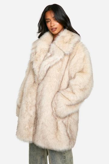 Stone Beige Petite Longline Vintage Look Faux Fur Coat