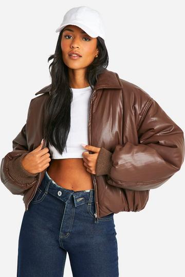 Tall Padded Faux Leather Bomber Jacket chocolate