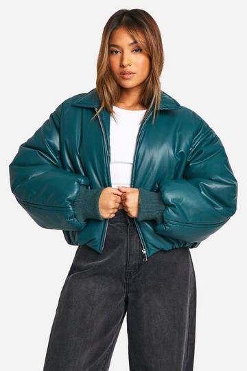 Teal Green Petite Padded Faux Leather Bomber Jacket