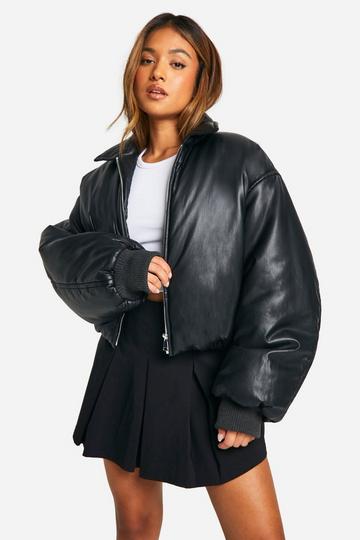 Petite Padded Faux Leather Bomber Jacket black