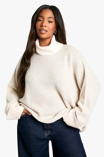 Cream White Plus Roll Neck Longline Batwing Jumper