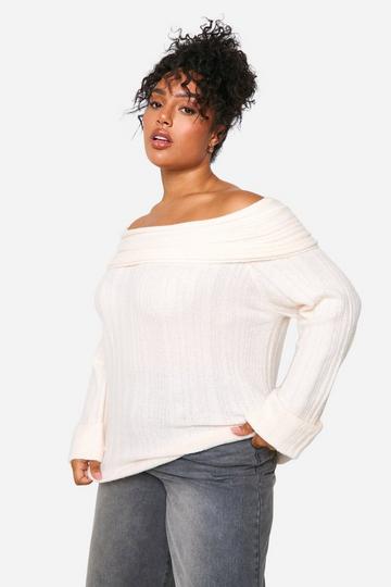 Plus Rib Neckline Bardot Longline Jumper ecru