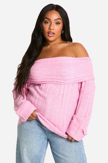 Plus Rib Neckline Bardot Longline Jumper pink