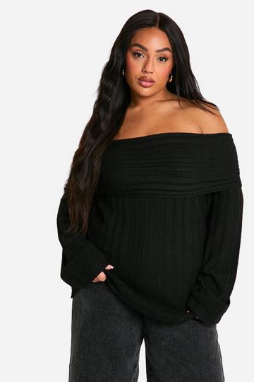 Plus Rib Neckline Bardot Longline Jumper black