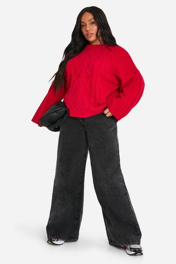 Plus Exposed Seam Cable Knit Jumper red