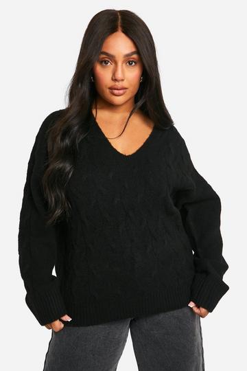 Plus V Neck Soft Knit Cable Jumper black