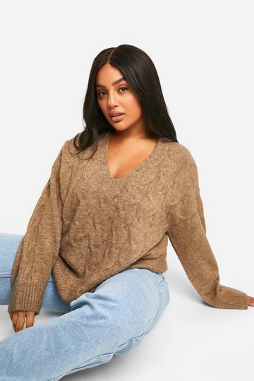 Plus V Neck Soft Knit Cable Jumper camel