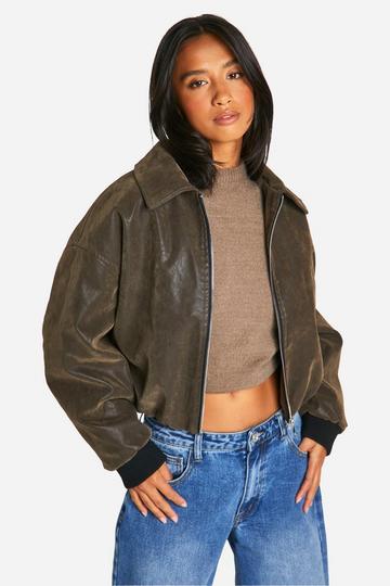 Petite Vintage Look Faux Leather Bomber Jacket brown