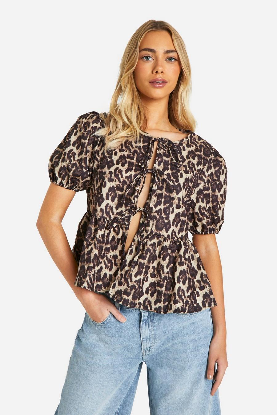 Brown Leopard Puff Sleeve Bow Tie Blouse