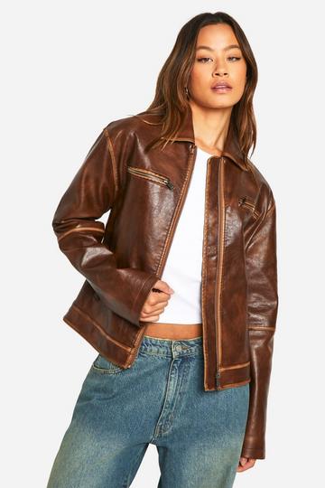 Tall Vintage Look Boyfriend Faux Leather Zip Jacket tan