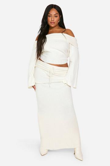 Plus Rib Edge Lace Up Knitted Maxi Skirt cream