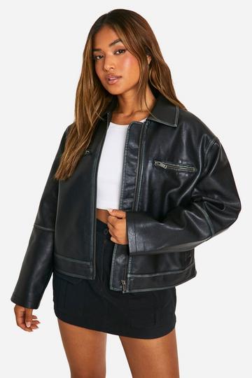 Petite Vintage Look Faux Leather Zip Jacket black