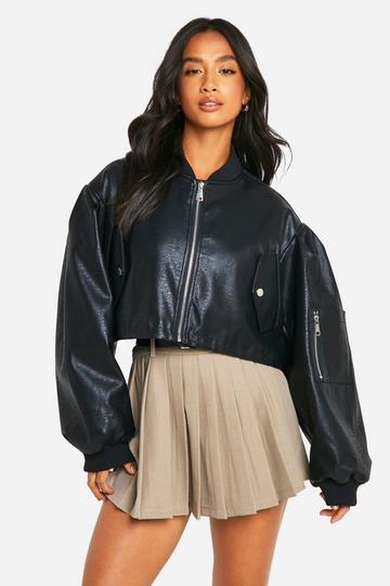 Petite Shoulder Detail Faux Leather Bomber Jacket black