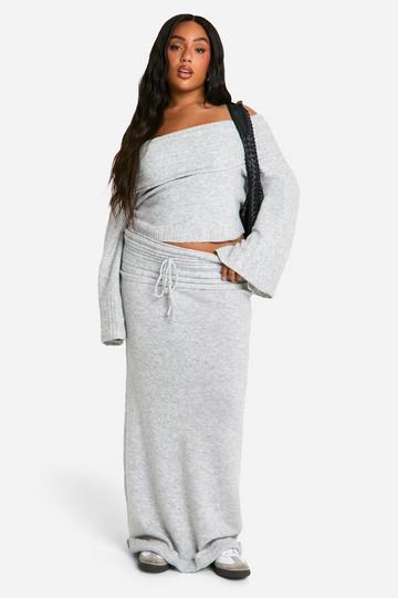 Plus Geribbelde Gebreide Maxi Rok Met Veters grey