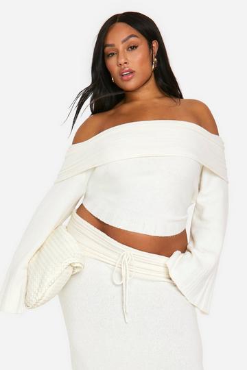 Cream White Plus Rib Edge Soft Knit Bardot Jumper