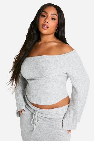 Plus Rib Edge Soft Knit Bardot Jumper grey