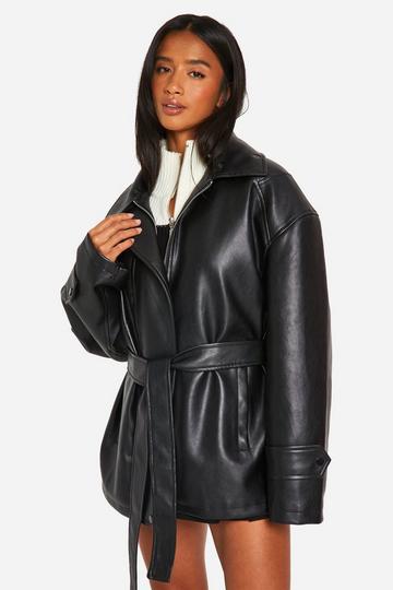 Black Petite Belted Faux Leather Trench Coat