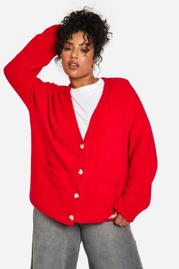 Plus Oversized Soft Knit Boyfriend Cardigan red