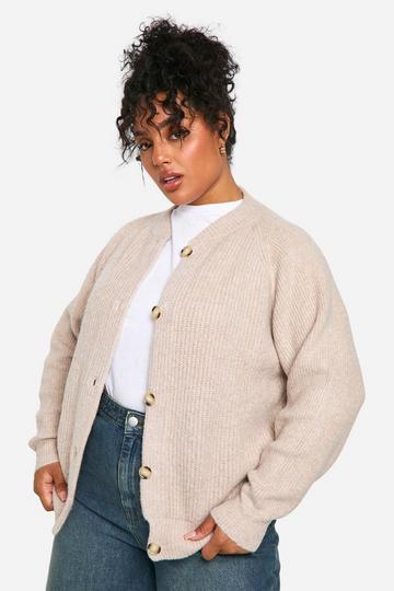 Plus Soft Rib Knit Bomber Cardigan oatmeal