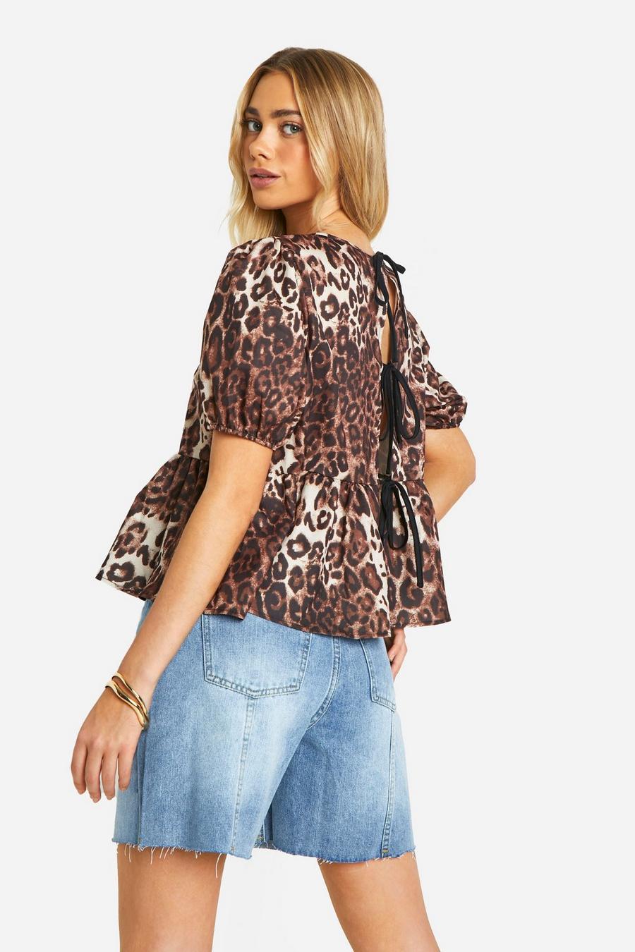 Brown Leopard Puff Sleeve Tie Back Blouse