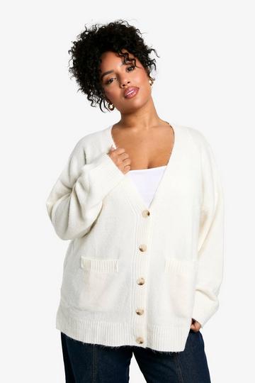 Cream White Plus Oversized Soft Knit Boyfriend Cardigan