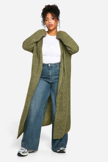 Plus Zachte Geribbelde Gebreide Edge To Edge Maxi Cardigan khaki