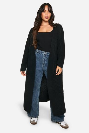 Plus Zachte Geribbelde Gebreide Edge To Edge Maxi Cardigan black