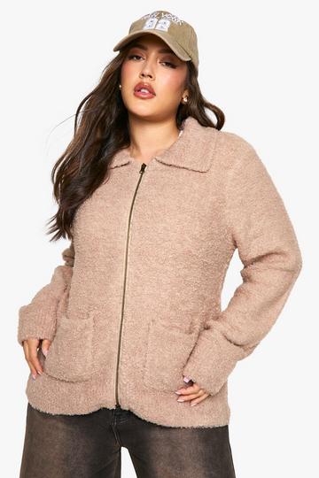 Plus Soft Knit Boucle Zip Through Collared Cardigan ecru