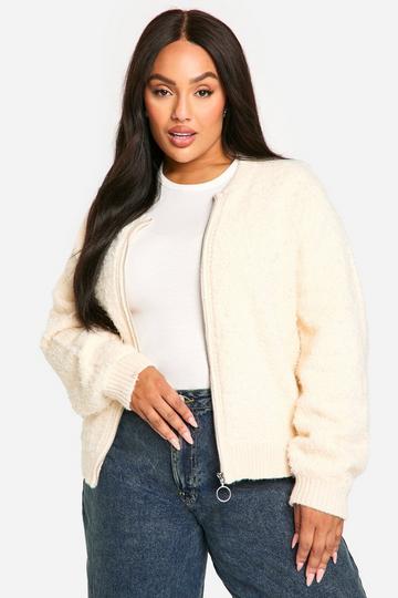 Plus Soft Knit Boucle Bomber Cardigan ecru