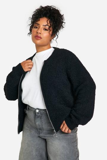 Black Plus Soft Knit Boucle Bomber Cardigan