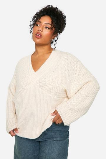 Plus Chunky Rib V Neck Wide Sleeve Sweater ecru